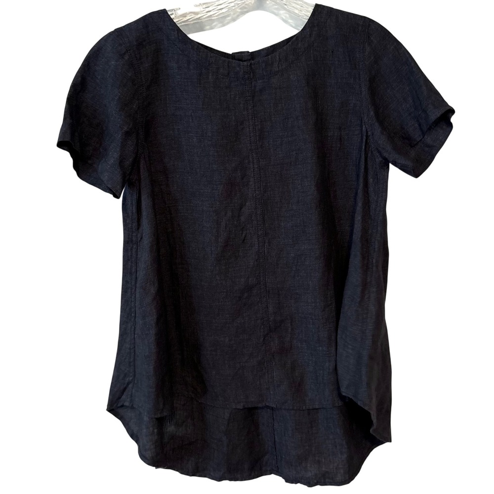 Eileen Fisher Navy Organic Linen Short Sleeve A Line Top in Size XS